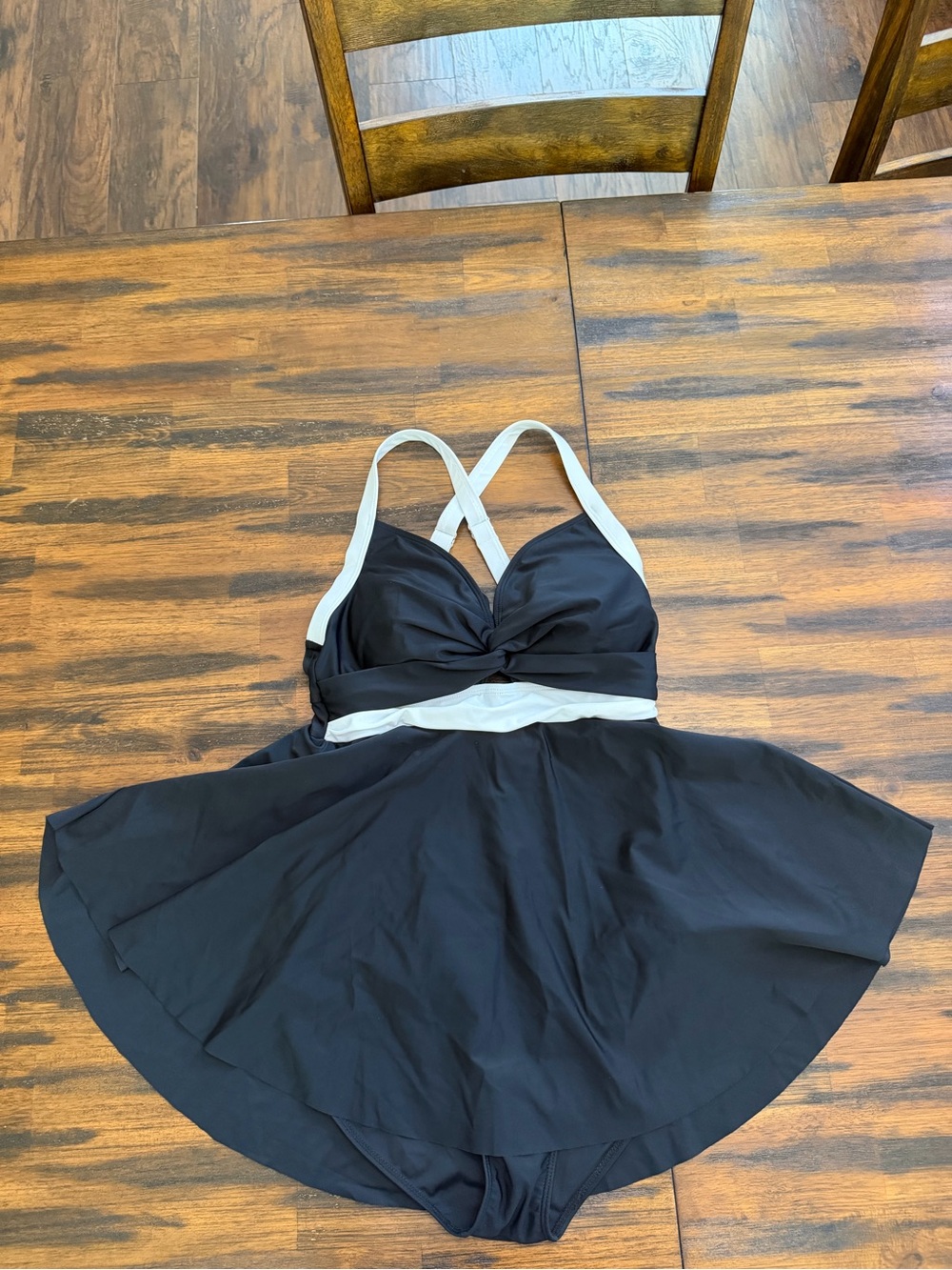 Black Swimdress with White Straps and Waistband